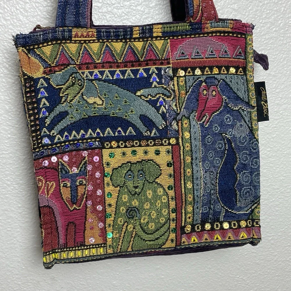 Laurel Burch Tapestry Cats Dogs Sequins Shoulder Bag‎ Purse Tote